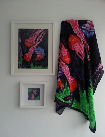 Aqua Jelly Fish pacing Satin Silk Scarf (Green)