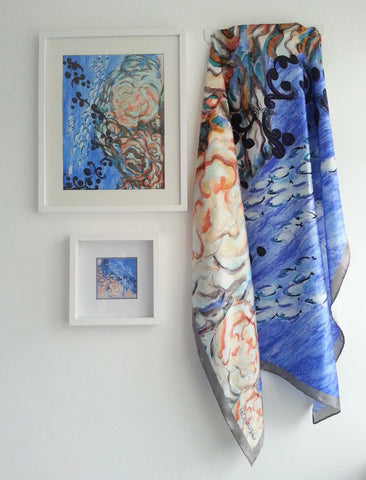 Aqua Asymmetrical Lettuce Coral Satin Silk Scarf