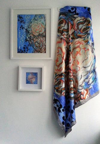 Aqua Symmetrical Lettuce Coral Satin Silk Scarf